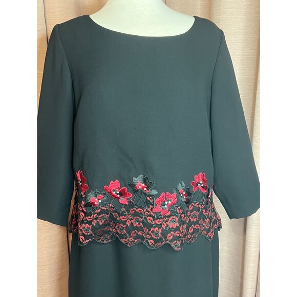 VTG Clues Collections 14P Black Midi Dress Floral Embroidery  Simi to Formal Y2K - Picture 3 of 14